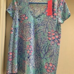 Lilly Pulitzer Top XS New NWT Etta V Neck Blue Ibiza Now You Sea Me 100% Cotton